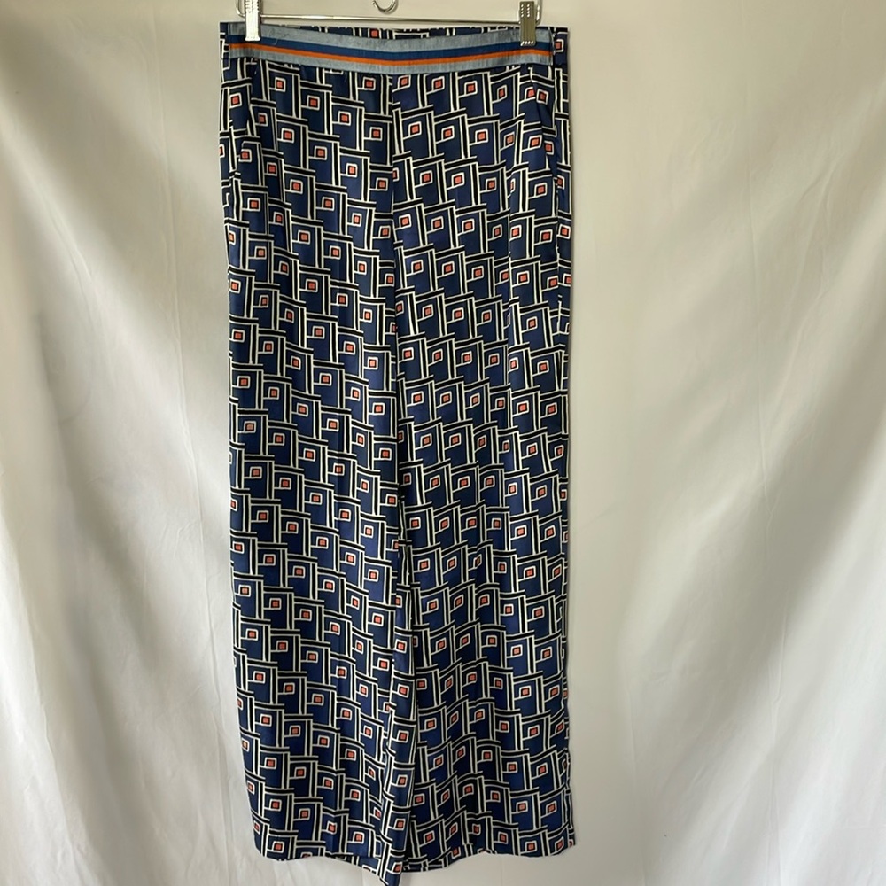 Cropped Blue geometric print silk wide leg dress pants